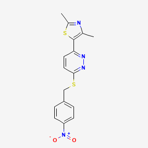 molecular formula C16H14N4O2S2 B2936091 2,4-二甲基-5-(6-((4-硝基苄基)硫)哒嗪-3-基)噻唑 CAS No. 894009-74-6