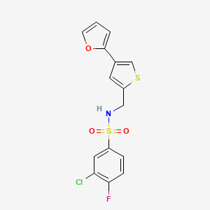 molecular formula C15H11ClFNO3S2 B2936111 3-chloro-4-fluoro-N-{[4-(furan-2-yl)thiophen-2-yl]methyl}benzene-1-sulfonamide CAS No. 2380040-03-7