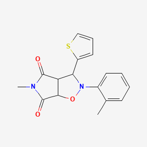 molecular formula C17H16N2O3S B2936126 5-Methyl-3-thiophen-2-yl-2-o-tolyl-tetrahydro-pyrrolo[3,4-d]isoxazole-4,6-dione CAS No. 1005060-23-0