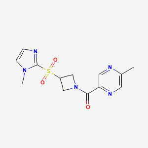 molecular formula C13H15N5O3S B2936251 (3-((1-甲基-1H-咪唑-2-基)磺酰基)氮杂环丁-1-基)(5-甲基吡嗪-2-基)甲酮 CAS No. 2034429-84-8