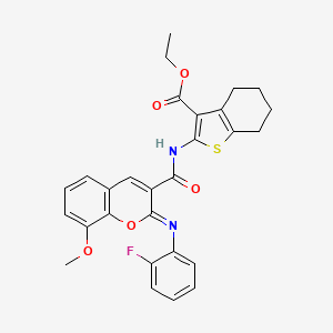 molecular formula C28H25FN2O5S B2936380 ethyl 2-[(2Z)-2-[(2-fluorophenyl)imino]-8-methoxy-2H-chromene-3-amido]-4,5,6,7-tetrahydro-1-benzothiophene-3-carboxylate CAS No. 2321338-37-6