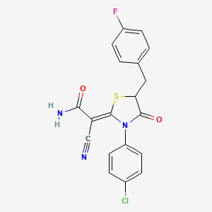 molecular formula C19H13ClFN3O2S B2936561 (Z)-2-(3-(4-chlorophenyl)-5-(4-fluorobenzyl)-4-oxothiazolidin-2-ylidene)-2-cyanoacetamide CAS No. 786678-17-9