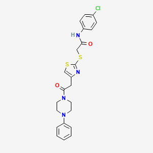 molecular formula C23H23ClN4O2S2 B2936621 N-(4-chlorophenyl)-2-((4-(2-oxo-2-(4-phenylpiperazin-1-yl)ethyl)thiazol-2-yl)thio)acetamide CAS No. 953991-18-9