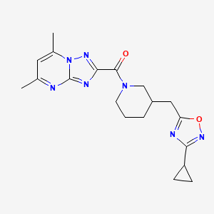 molecular formula C19H23N7O2 B2936642 (3-((3-Cyclopropyl-1,2,4-oxadiazol-5-yl)methyl)piperidin-1-yl)(5,7-dimethyl-[1,2,4]triazolo[1,5-a]pyrimidin-2-yl)methanone CAS No. 1705244-25-2