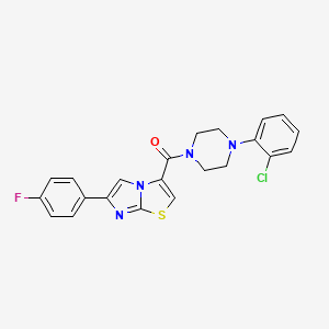 molecular formula C22H18ClFN4OS B2936646 (4-(2-Chlorophenyl)piperazin-1-yl)(6-(4-fluorophenyl)imidazo[2,1-b]thiazol-3-yl)methanone CAS No. 1049364-39-7