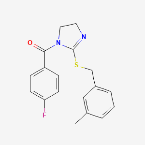molecular formula C18H17FN2OS B2936651 (4-Fluorophenyl)-[2-[(3-methylphenyl)methylsulfanyl]-4,5-dihydroimidazol-1-yl]methanone CAS No. 851803-39-9