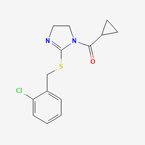 molecular formula C14H15ClN2OS B2936659 (2-((2-氯苄基)硫代)-4,5-二氢-1H-咪唑-1-基)(环丙基)甲酮 CAS No. 851803-81-1