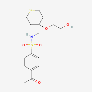 molecular formula C16H23NO5S2 B2936670 4-acetyl-N-((4-(2-hydroxyethoxy)tetrahydro-2H-thiopyran-4-yl)methyl)benzenesulfonamide CAS No. 2177365-74-9