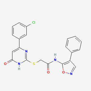 molecular formula C21H15ClN4O3S B2936705 2-((4-(3-chlorophenyl)-6-oxo-1,6-dihydropyrimidin-2-yl)thio)-N-(4-phenylisoxazol-5-yl)acetamide CAS No. 1040648-08-5