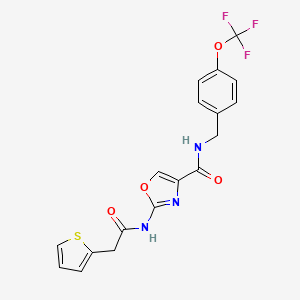 molecular formula C18H14F3N3O4S B2936818 2-(2-(thiophen-2-yl)acetamido)-N-(4-(trifluoromethoxy)benzyl)oxazole-4-carboxamide CAS No. 1396808-93-7