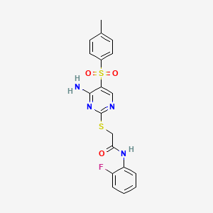 molecular formula C19H17FN4O3S2 B2936872 2-({4-amino-5-[(4-methylphenyl)sulfonyl]pyrimidin-2-yl}sulfanyl)-N-(2-fluorophenyl)acetamide CAS No. 894952-17-1