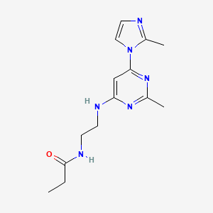 molecular formula C14H20N6O B2936875 N-(2-((2-methyl-6-(2-methyl-1H-imidazol-1-yl)pyrimidin-4-yl)amino)ethyl)propionamide CAS No. 1171741-49-3