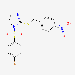 molecular formula C16H14BrN3O4S2 B2936876 1-(4-溴苯基)磺酰基-2-[(4-硝基苯基)甲基硫代]-4,5-二氢咪唑 CAS No. 868217-45-2