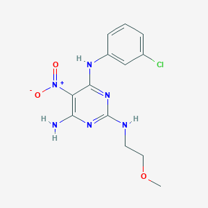molecular formula C13H15ClN6O3 B2936993 N4-(3-chlorophenyl)-N2-(2-methoxyethyl)-5-nitropyrimidine-2,4,6-triamine CAS No. 674307-44-9