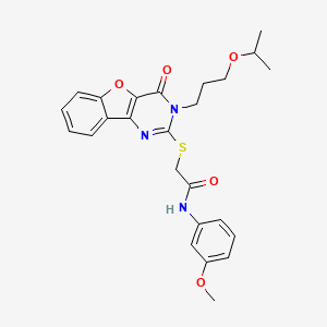 molecular formula C25H27N3O5S B2937032 N-(3-甲氧基苯基)-2-({4-氧代-3-[3-(丙烷-2-基氧基)丙基]-3,4-二氢[1]苯并呋并[3,2-d]嘧啶-2-基}硫代)乙酰胺 CAS No. 899961-87-6