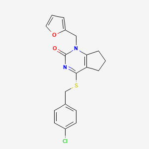 molecular formula C19H17ClN2O2S B2937084 4-[(4-chlorophenyl)methylsulfanyl]-1-(furan-2-ylmethyl)-6,7-dihydro-5H-cyclopenta[d]pyrimidin-2-one CAS No. 900000-35-3