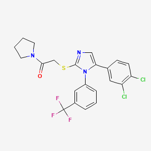 molecular formula C22H18Cl2F3N3OS B2937189 2-((5-(3,4-dichlorophenyl)-1-(3-(trifluoromethyl)phenyl)-1H-imidazol-2-yl)thio)-1-(pyrrolidin-1-yl)ethanone CAS No. 1226426-82-9