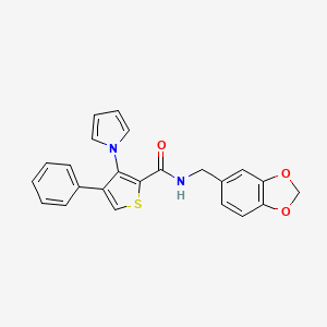 molecular formula C23H18N2O3S B2937190 N-(1,3-benzodioxol-5-ylmethyl)-4-phenyl-3-(1H-pyrrol-1-yl)thiophene-2-carboxamide CAS No. 1206986-92-6