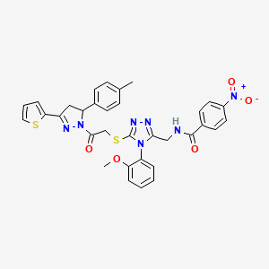 molecular formula C33H29N7O5S2 B2937253 N-((4-(2-methoxyphenyl)-5-((2-oxo-2-(3-(thiophen-2-yl)-5-(p-tolyl)-4,5-dihydro-1H-pyrazol-1-yl)ethyl)thio)-4H-1,2,4-triazol-3-yl)methyl)-4-nitrobenzamide CAS No. 393582-97-3