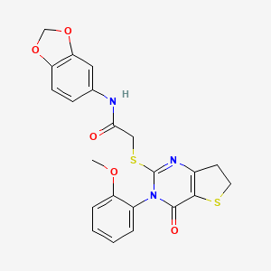 molecular formula C22H19N3O5S2 B2937265 N-(1,3-苯并二氧杂环-5-基)-2-[[3-(2-甲氧基苯基)-4-氧代-6,7-二氢噻吩并[3,2-d]嘧啶-2-基]硫代]乙酰胺 CAS No. 686772-14-5