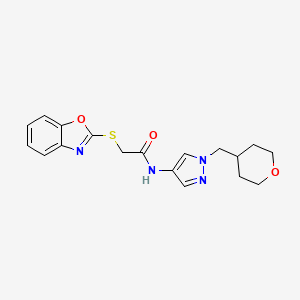 2-(benzo[d]oxazol-2-ylthio)-N-(1-((tetrahydro-2H-pyran-4-yl)methyl)-1H-pyrazol-4-yl)acetamide