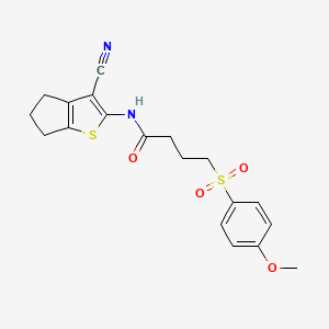 molecular formula C19H20N2O4S2 B2937336 N-(3-cyano-5,6-dihydro-4H-cyclopenta[b]thiophen-2-yl)-4-((4-methoxyphenyl)sulfonyl)butanamide CAS No. 941967-75-5