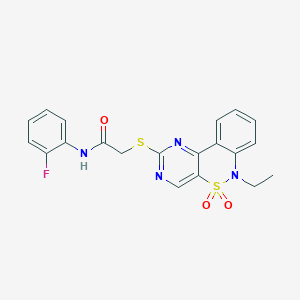 molecular formula C20H17FN4O3S2 B2937424 2-((6-ethyl-5,5-dioxido-6H-benzo[c]pyrimido[4,5-e][1,2]thiazin-2-yl)thio)-N-(2-fluorophenyl)acetamide CAS No. 950470-68-5
