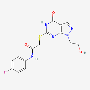 molecular formula C15H14FN5O3S B2937433 N-(4-fluorophenyl)-2-((1-(2-hydroxyethyl)-4-oxo-4,5-dihydro-1H-pyrazolo[3,4-d]pyrimidin-6-yl)thio)acetamide CAS No. 946332-48-5