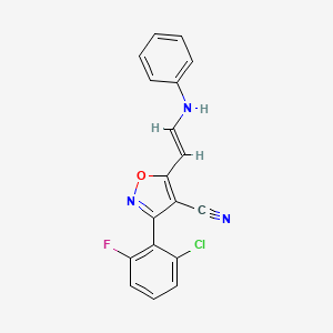 molecular formula C18H11ClFN3O B2937443 5-(2-苯胺乙烯基)-3-(2-氯-6-氟苯基)-4-异恶唑腈 CAS No. 338403-14-8