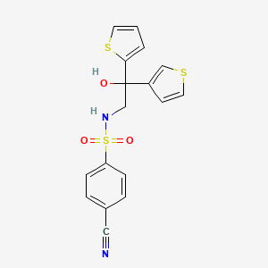 molecular formula C17H14N2O3S3 B2937456 4-cyano-N-(2-hydroxy-2-(thiophen-2-yl)-2-(thiophen-3-yl)ethyl)benzenesulfonamide CAS No. 2097913-11-4