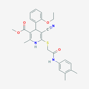 molecular formula C27H29N3O4S B2937457 Methyl 5-cyano-6-({[(3,4-dimethylphenyl)carbamoyl]methyl}sulfanyl)-4-(2-ethoxyphenyl)-2-methyl-1,4-dihydropyridine-3-carboxylate CAS No. 442557-60-0