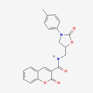 molecular formula C21H18N2O5 B2937486 2-氧代-N-((2-氧代-3-(对甲苯基)恶唑烷-5-基)甲基)-2H-色烯-3-甲酰胺 CAS No. 954641-96-4