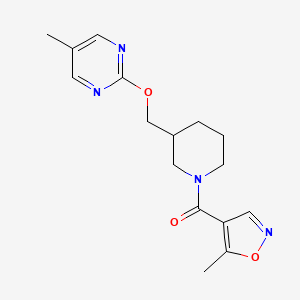 molecular formula C16H20N4O3 B2937487 (5-Methyl-1,2-oxazol-4-yl)-[3-[(5-methylpyrimidin-2-yl)oxymethyl]piperidin-1-yl]methanone CAS No. 2380032-51-7