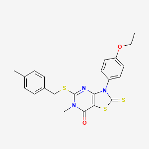 molecular formula C22H21N3O2S3 B2937543 3-(4-ethoxyphenyl)-6-methyl-5-((4-methylbenzyl)thio)-2-thioxo-2,3-dihydrothiazolo[4,5-d]pyrimidin-7(6H)-one CAS No. 1114604-35-1