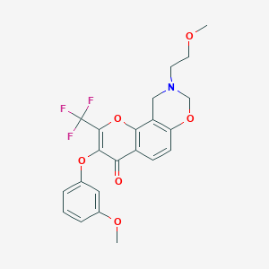 molecular formula C22H20F3NO6 B2937551 9-(2-methoxyethyl)-3-(3-methoxyphenoxy)-2-(trifluoromethyl)-9,10-dihydrochromeno[8,7-e][1,3]oxazin-4(8H)-one CAS No. 951958-68-2