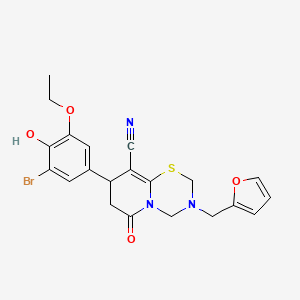 molecular formula C21H20BrN3O4S B2937559 8-(3-Bromo-5-ethoxy-4-hydroxyphenyl)-3-(furan-2-ylmethyl)-6-oxo-2,3,4,6,7,8-hexahydropyrido[2,1-b][1,3,5]thiadiazine-9-carbonitrile CAS No. 897831-42-4
