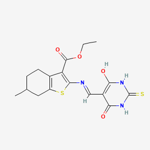 molecular formula C17H19N3O4S2 B2937606 ethyl 2-(((4,6-dioxo-2-thioxotetrahydropyrimidin-5(2H)-ylidene)methyl)amino)-6-methyl-4,5,6,7-tetrahydrobenzo[b]thiophene-3-carboxylate CAS No. 1021230-13-6