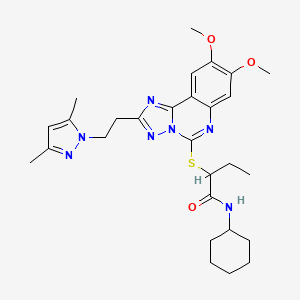 molecular formula C28H37N7O3S B2937644 N-cyclohexyl-2-((2-(2-(3,5-dimethyl-1H-pyrazol-1-yl)ethyl)-8,9-dimethoxy-[1,2,4]triazolo[1,5-c]quinazolin-5-yl)thio)butanamide CAS No. 1020048-12-7