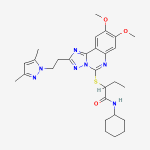 molecular formula C28H37N7O3S B2937644 N-cyclohexyl-2-({2-[2-(3,5-dimethyl-1H-pyrazol-1-yl)ethyl]-8,9-dimethoxy-[1,2,4]triazolo[1,5-c]quinazolin-5-yl}sulfanyl)butanamide CAS No. 1020048-12-7