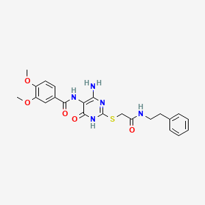 molecular formula C23H25N5O5S B2937699 N-(4-amino-6-oxo-2-((2-oxo-2-(phenethylamino)ethyl)thio)-1,6-dihydropyrimidin-5-yl)-3,4-dimethoxybenzamide CAS No. 868228-10-8