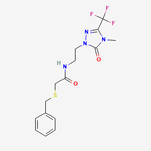 molecular formula C15H17F3N4O2S B2937716 2-(benzylthio)-N-(2-(4-methyl-5-oxo-3-(trifluoromethyl)-4,5-dihydro-1H-1,2,4-triazol-1-yl)ethyl)acetamide CAS No. 1421528-96-2