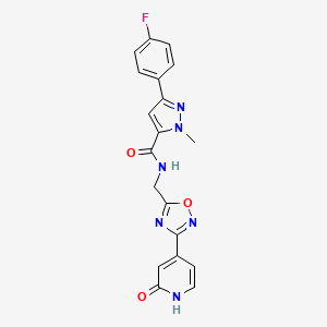 molecular formula C19H15FN6O3 B2937754 3-(4-fluorophenyl)-1-methyl-N-((3-(2-oxo-1,2-dihydropyridin-4-yl)-1,2,4-oxadiazol-5-yl)methyl)-1H-pyrazole-5-carboxamide CAS No. 2034268-41-0