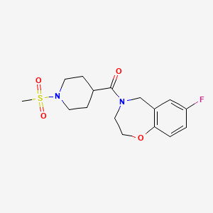 molecular formula C16H21FN2O4S B2937841 (7-氟-2,3-二氢苯并[f][1,4]恶杂环-4(5H)-基)(1-(甲磺酰基)哌啶-4-基)甲苯酮 CAS No. 2034204-25-4
