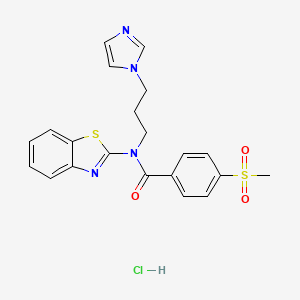 molecular formula C21H21ClN4O3S2 B2937862 N-(3-(1H-imidazol-1-yl)propyl)-N-(benzo[d]thiazol-2-yl)-4-(methylsulfonyl)benzamide hydrochloride CAS No. 1216618-39-1