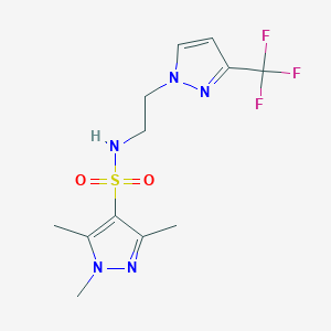 molecular formula C12H16F3N5O2S B2937927 1,3,5-三甲基-N-(2-(3-(三氟甲基)-1H-吡唑-1-基)乙基)-1H-吡唑-4-磺酰胺 CAS No. 1448121-94-5