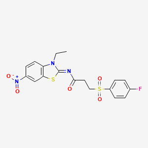 molecular formula C18H16FN3O5S2 B2937940 (E)-N-(3-ethyl-6-nitrobenzo[d]thiazol-2(3H)-ylidene)-3-((4-fluorophenyl)sulfonyl)propanamide CAS No. 898405-75-9