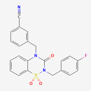 molecular formula C22H16FN3O3S B2937950 3-((2-(4-fluorobenzyl)-1,1-dioxido-3-oxo-2H-benzo[e][1,2,4]thiadiazin-4(3H)-yl)methyl)benzonitrile CAS No. 1031989-29-3