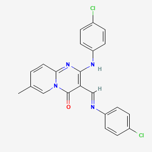 molecular formula C22H16Cl2N4O B2937966 2-(4-Chloroanilino)-3-[(4-chlorophenyl)iminomethyl]-7-methylpyrido[1,2-a]pyrimidin-4-one CAS No. 302936-98-7
