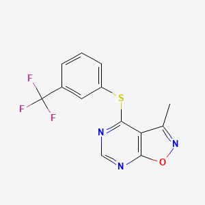molecular formula C13H8F3N3OS B2937972 3-Methyl-4-{[3-(trifluoromethyl)phenyl]sulfanyl}isoxazolo[5,4-d]pyrimidine CAS No. 478045-23-7