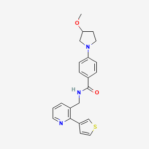 molecular formula C22H23N3O2S B2938038 4-(3-methoxypyrrolidin-1-yl)-N-((2-(thiophen-3-yl)pyridin-3-yl)methyl)benzamide CAS No. 2034268-52-3